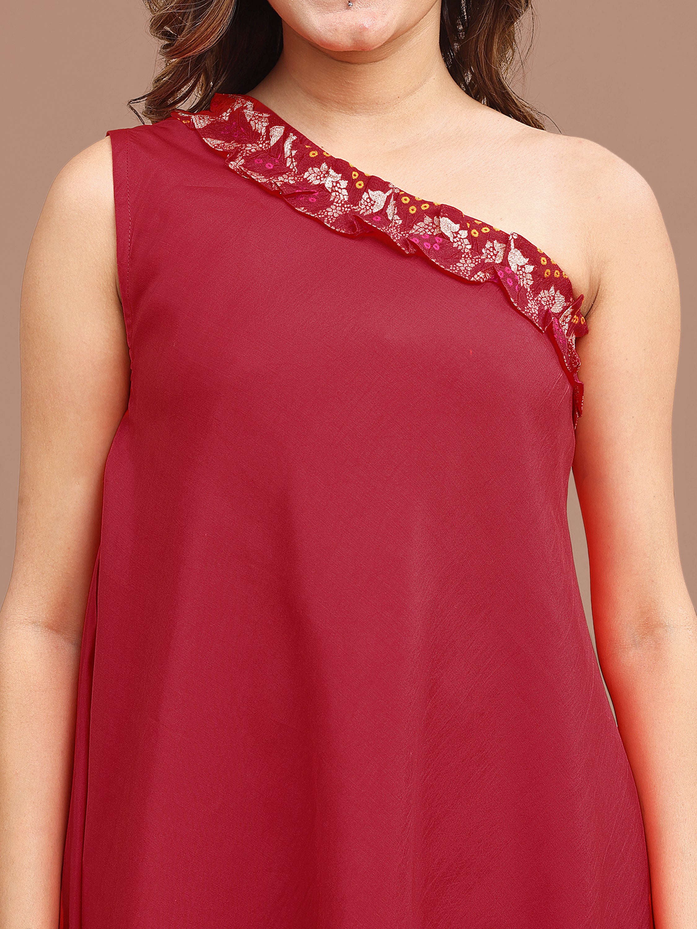 Red Colored Off Shoulder Chanderi Top With Brocade Pant Co-ord Set